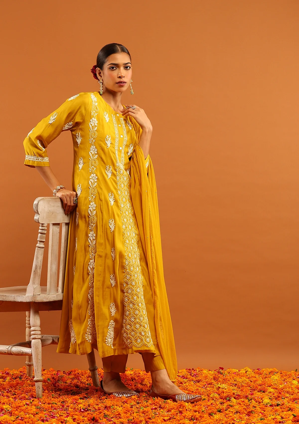 HOC Chanderi Chikankari Solid Women's 3 PC Anarkali Kurta Set-Yellow - Image 4