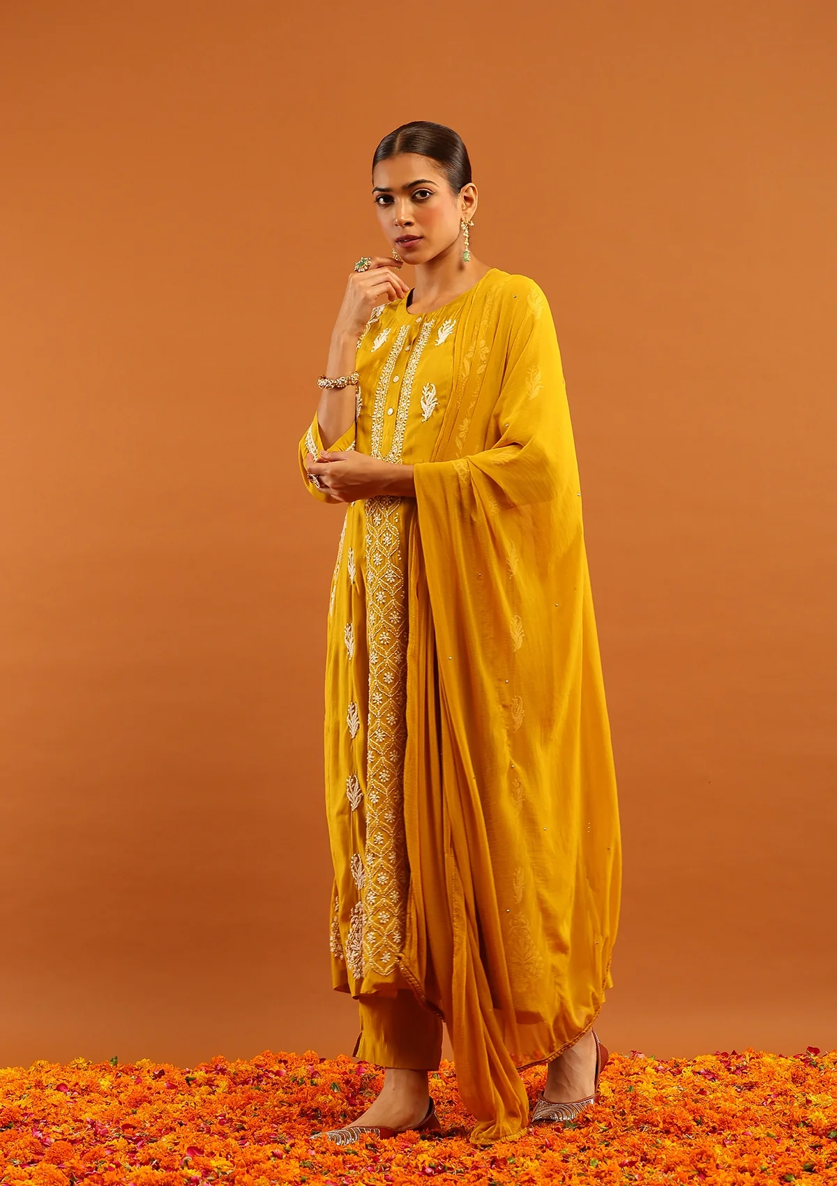 HOC Chanderi Chikankari Solid Women's 3 PC Anarkali Kurta Set-Yellow - Image 5