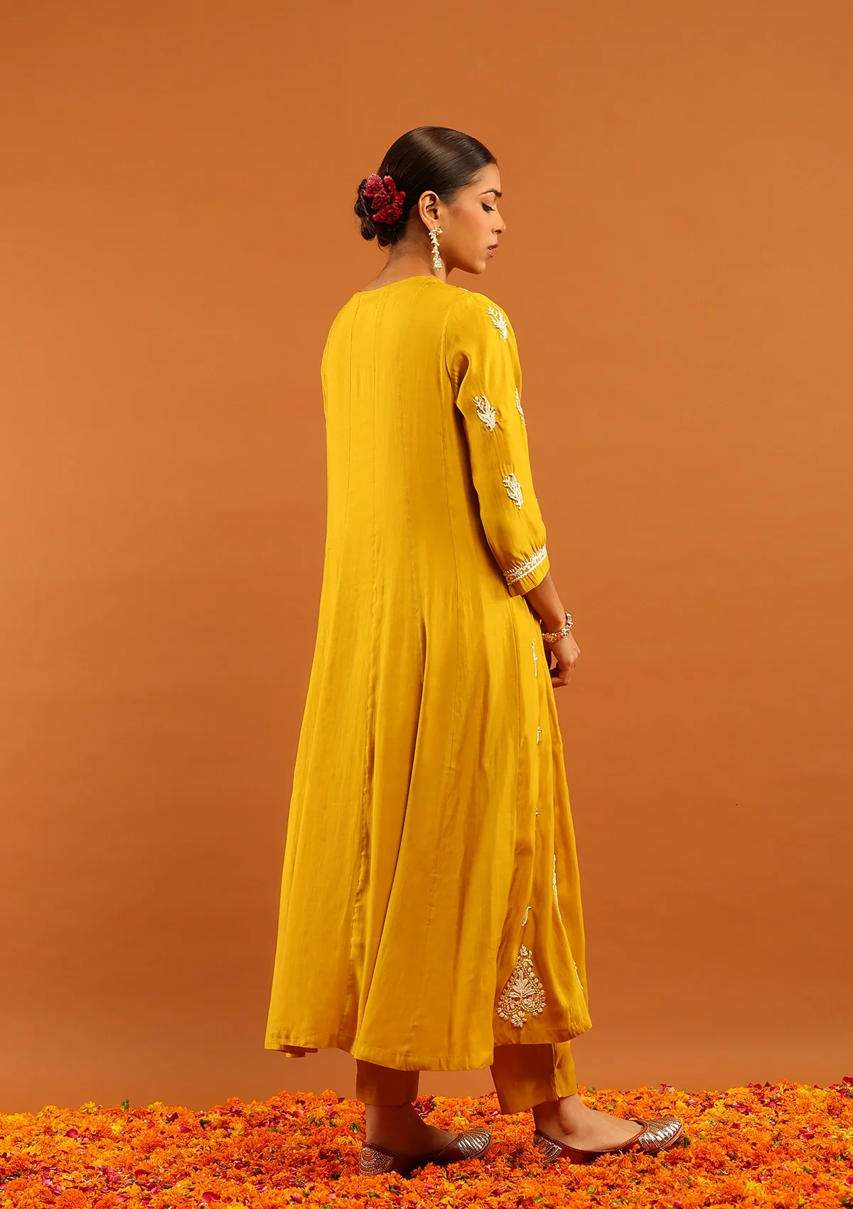 HOC Chanderi Chikankari Solid Women's 3 PC Anarkali Kurta Set-Yellow - Image 6