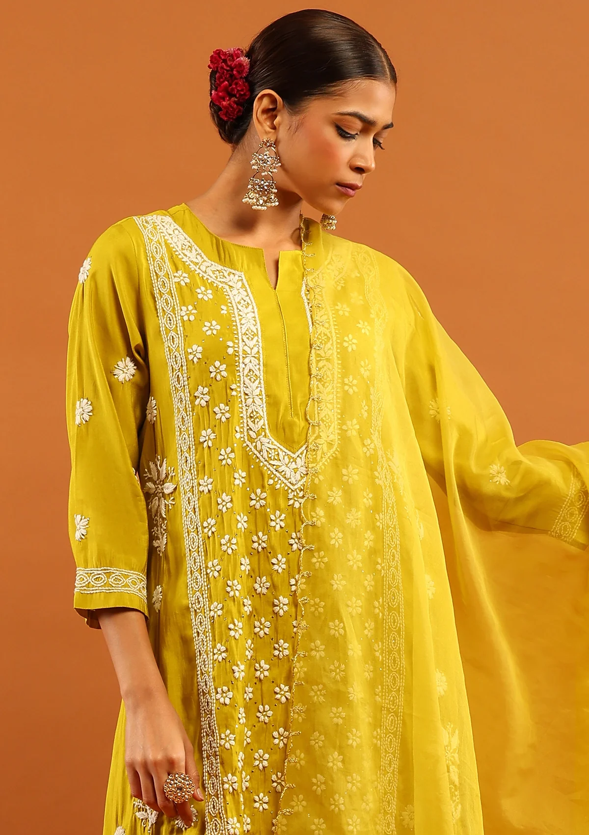 HOC Chanderi Chikankari Solid Women's 3 PC Long Kurta Set-Green - Image 2