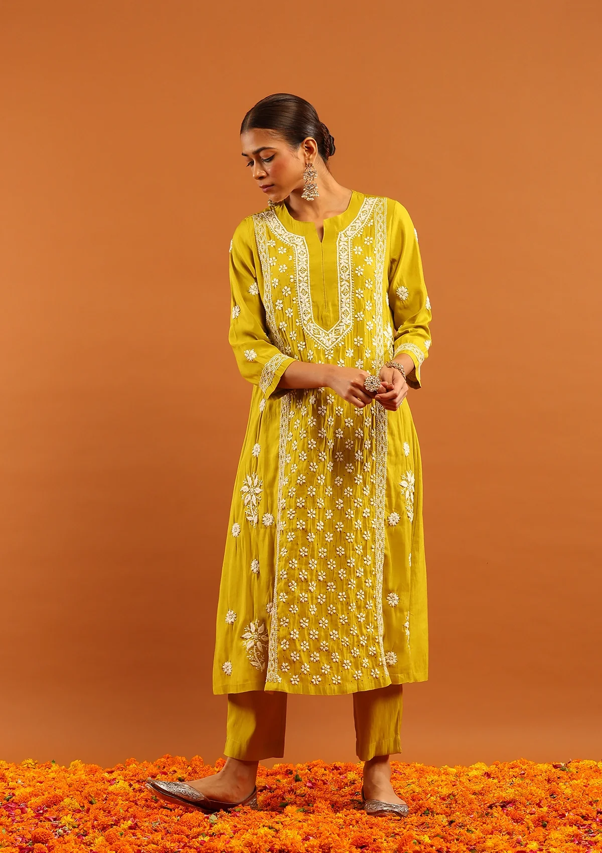 HOC Chanderi Chikankari Solid Women's 3 PC Long Kurta Set-Green - Image 3