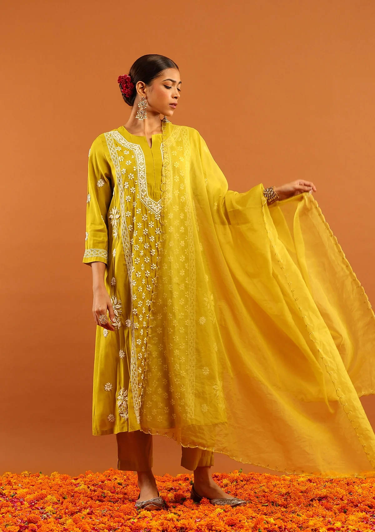 HOC Chanderi Chikankari Solid Women's 3 PC Long Kurta Set-Green - Image 4