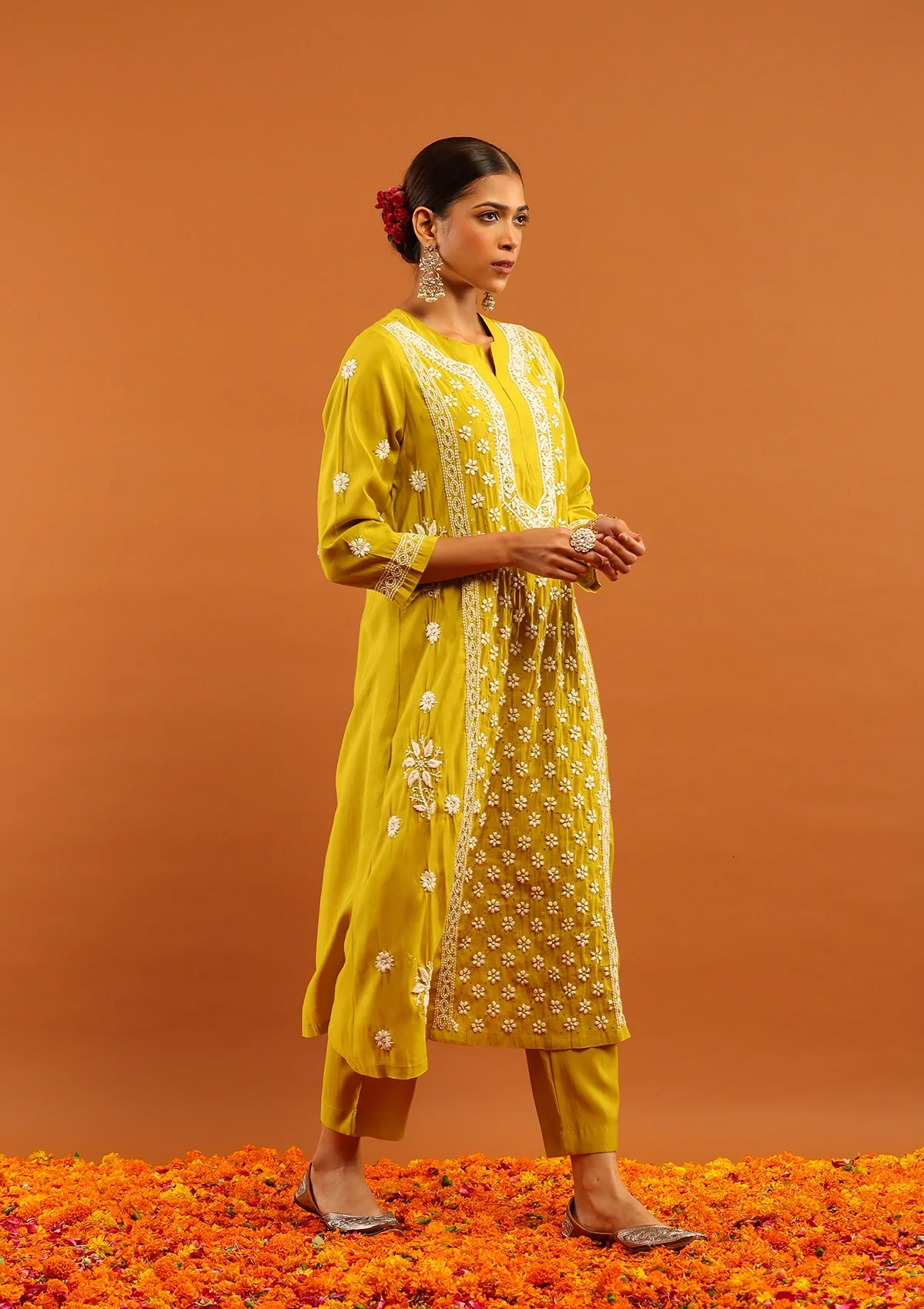 HOC Chanderi Chikankari Solid Women's 3 PC Long Kurta Set-Green - Image 5