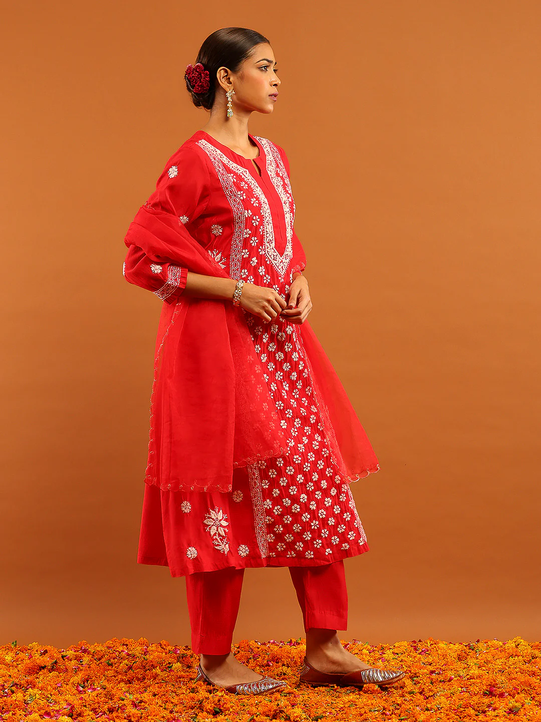 HOC Chanderi Chikankari Solid Women's 3 PC Long Kurta Set-Red - Image 5