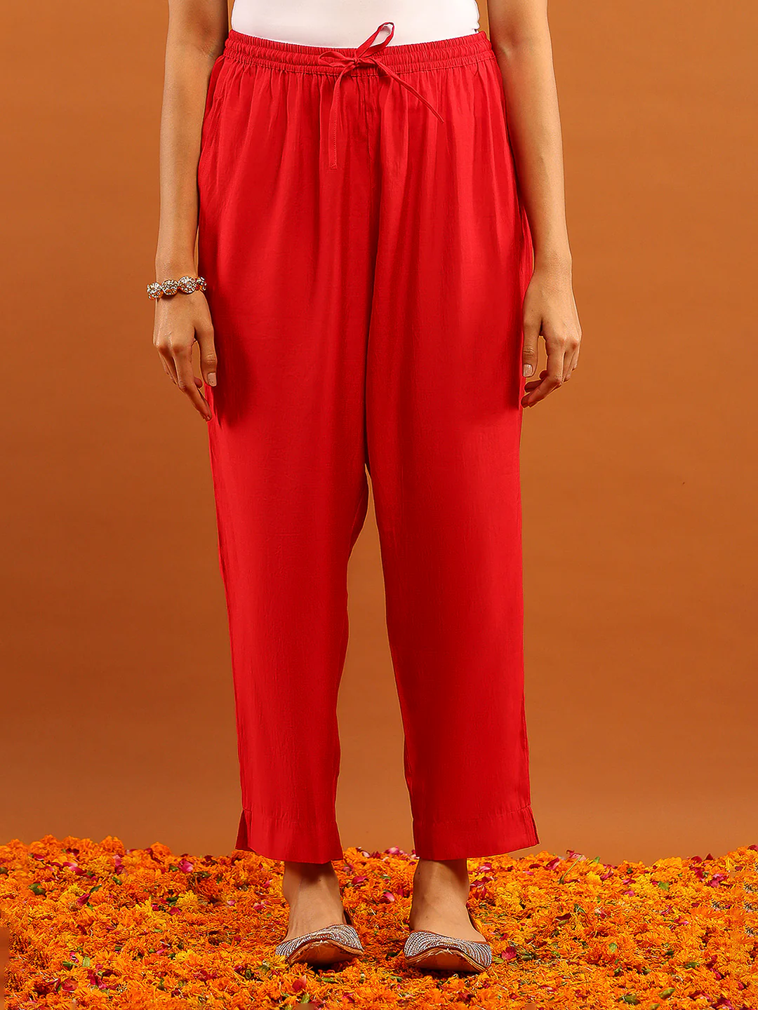 HOC Chanderi Chikankari Solid Women's 3 PC Long Kurta Set-Red - Image 6