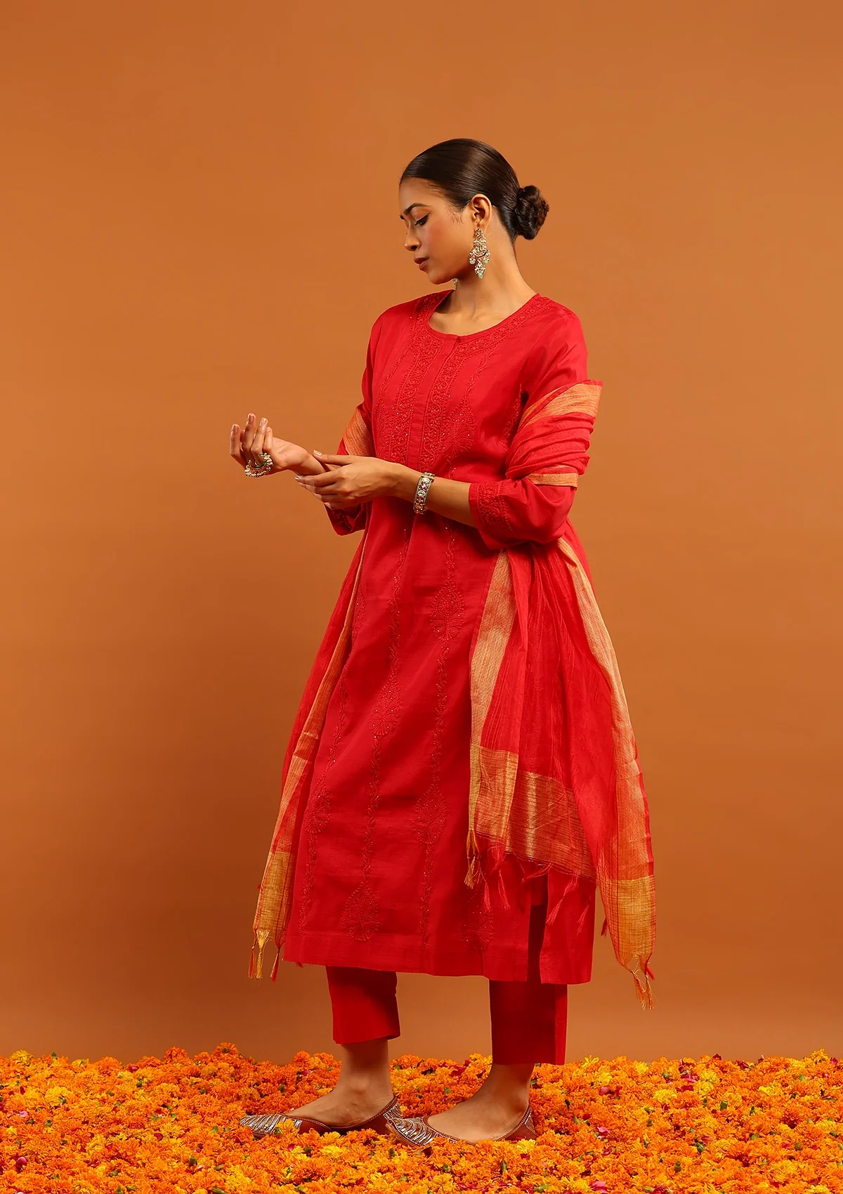 Karisma Chanderi Chikankari Solid Women's 4 PC Long Kurta Set with dupatta - Red - Image 3