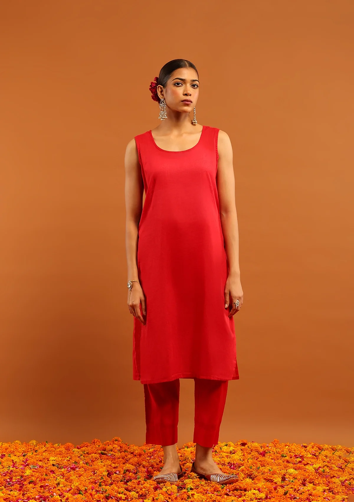 Karisma Chanderi Chikankari Solid Women's 4 PC Long Kurta Set with dupatta - Red - Image 4