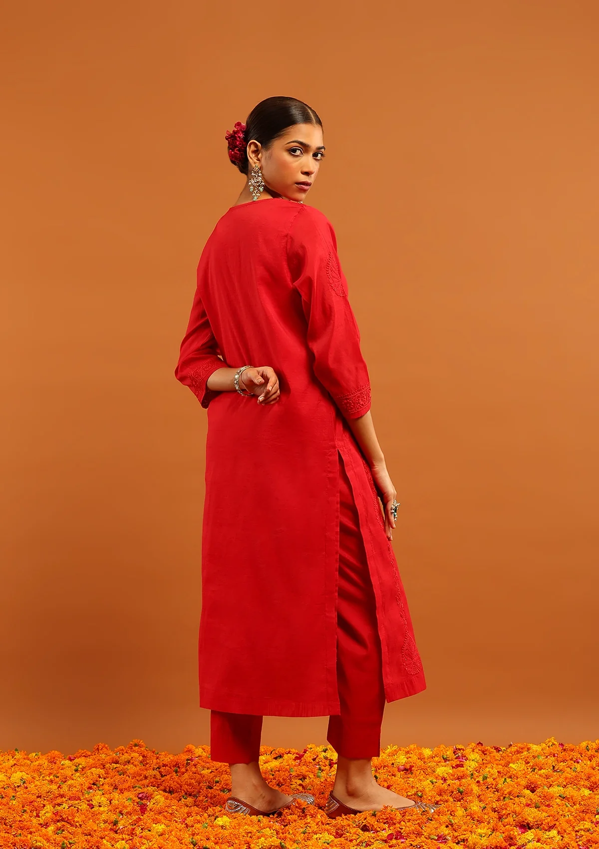 Karisma Chanderi Chikankari Solid Women's 4 PC Long Kurta Set with dupatta - Red - Image 6