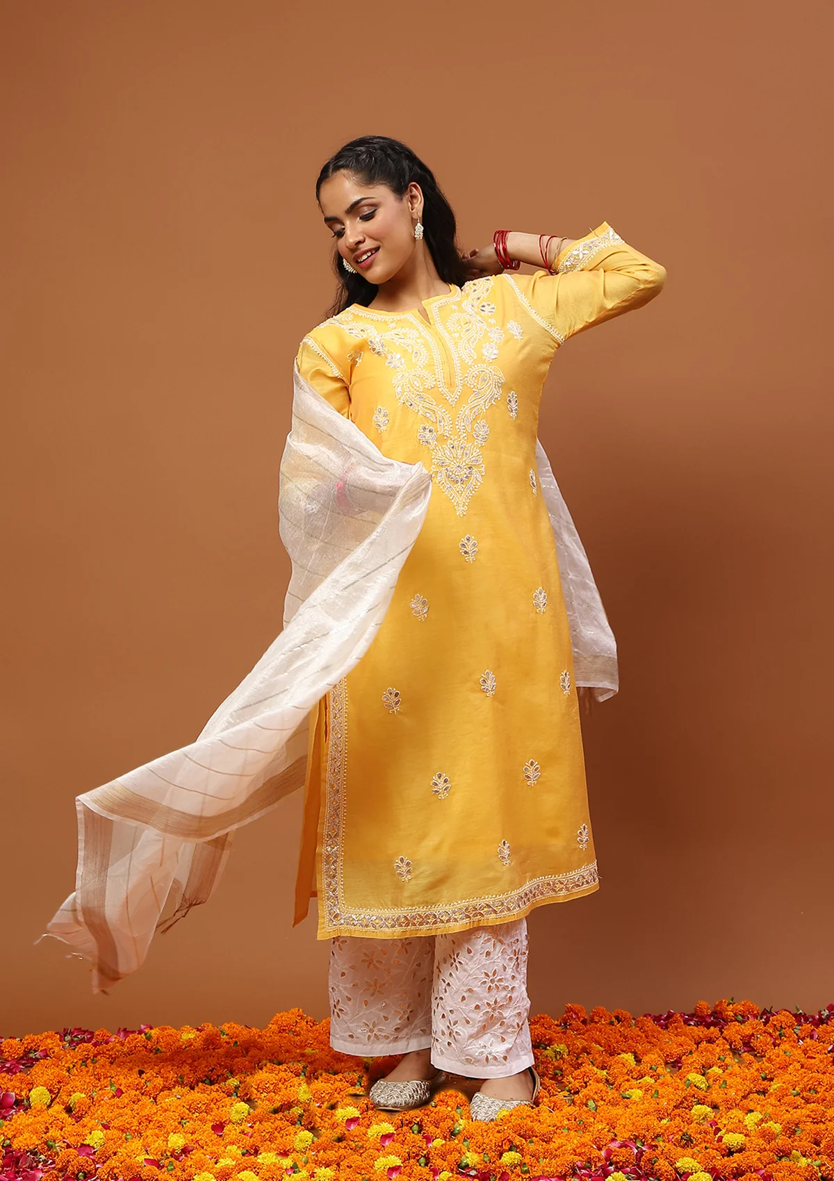 HOC Chanderi Chikankari Gota Work Solid Women's 4 PC Long Kurta Set -Mustard