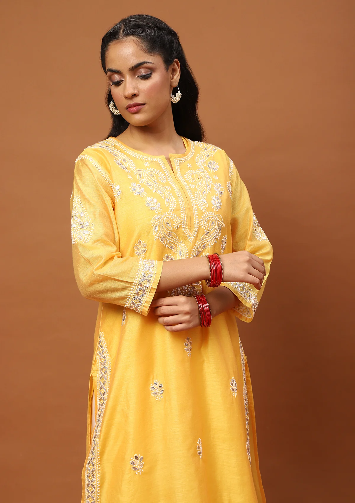 HOC Chanderi Chikankari Gota Work Solid Women's 4 PC Long Kurta Set -Mustard - Image 2