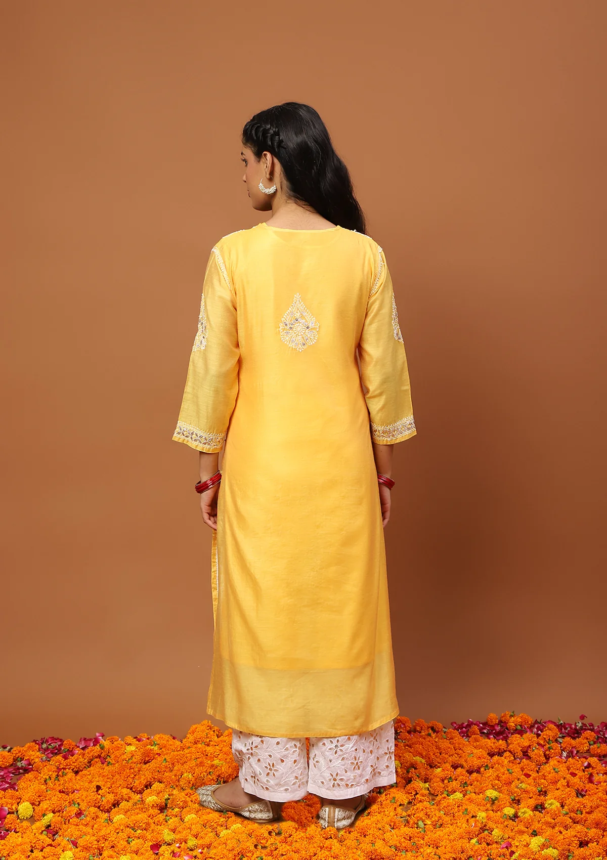 HOC Chanderi Chikankari Gota Work Solid Women's 4 PC Long Kurta Set -Mustard - Image 6