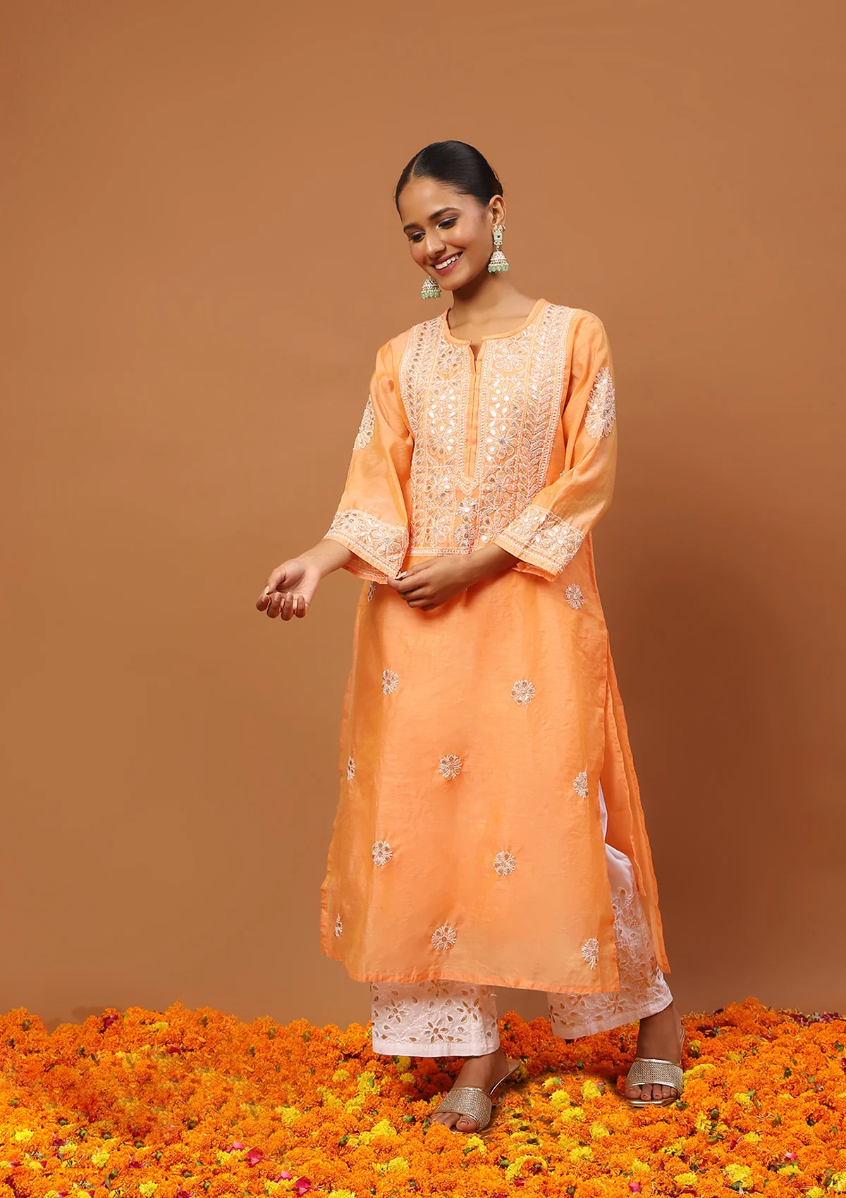 HOC Chanderi Chikankari Gota Work Solid Women's 4 PC Long Kurta Set-Orange - Image 3