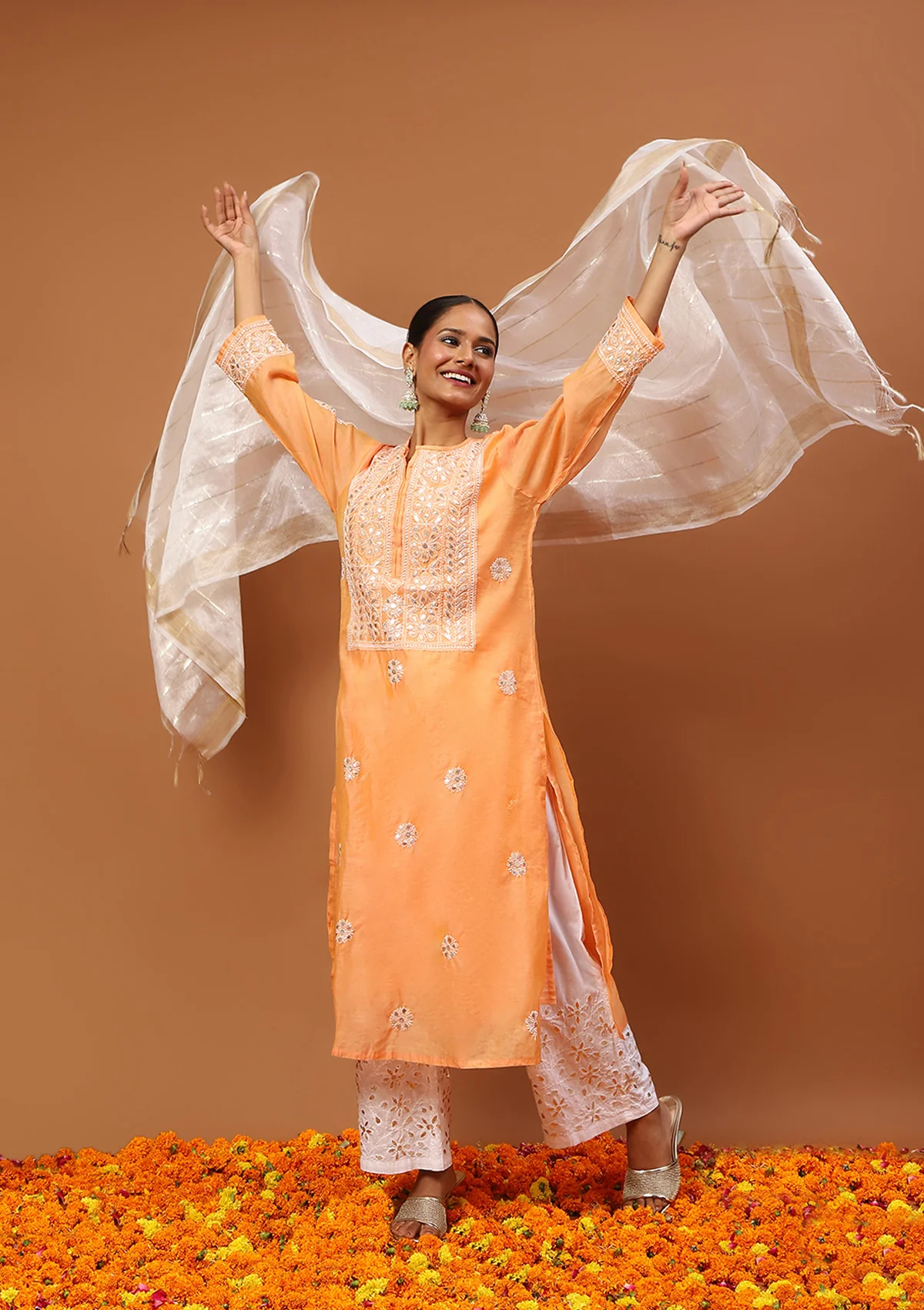 HOC Chanderi Chikankari Gota Work Solid Women's 4 PC Long Kurta Set-Orange - Image 4