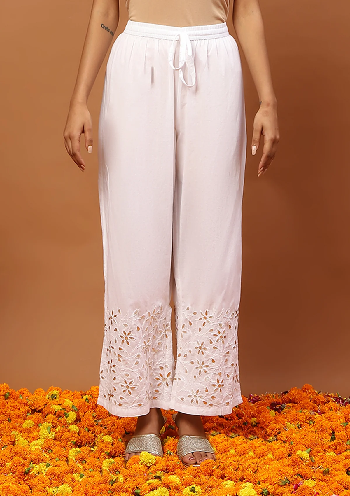HOC Chanderi Chikankari Gota Work Solid Women's 4 PC Long Kurta Set-Orange - Image 5