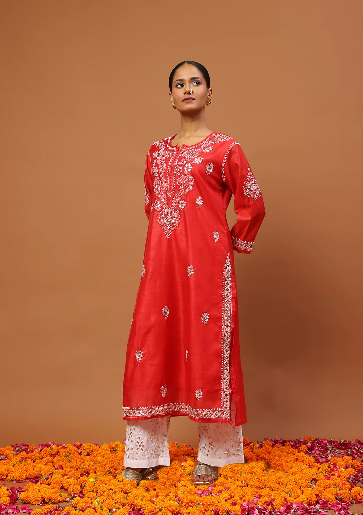 HOC Chanderi Chikankari Gota Work Solid Women's 4 PC Long Kurta Set-Red - Image 3
