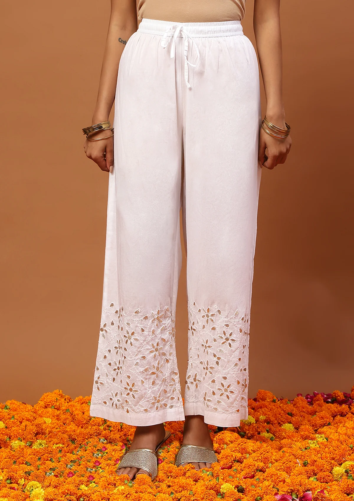 HOC Chanderi Chikankari Gota Work Solid Women's 4 PC Long Kurta Set-Red - Image 5