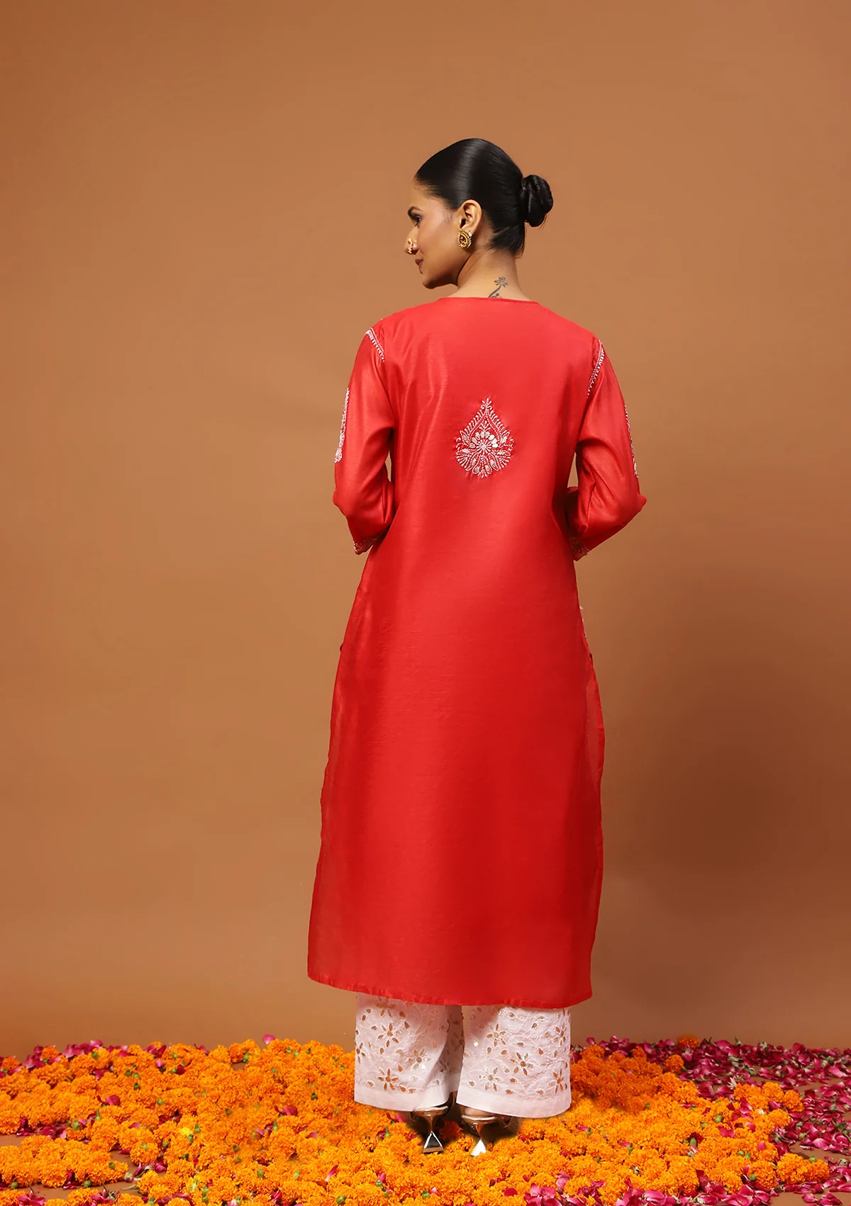 HOC Chanderi Chikankari Gota Work Solid Women's 4 PC Long Kurta Set-Red - Image 6