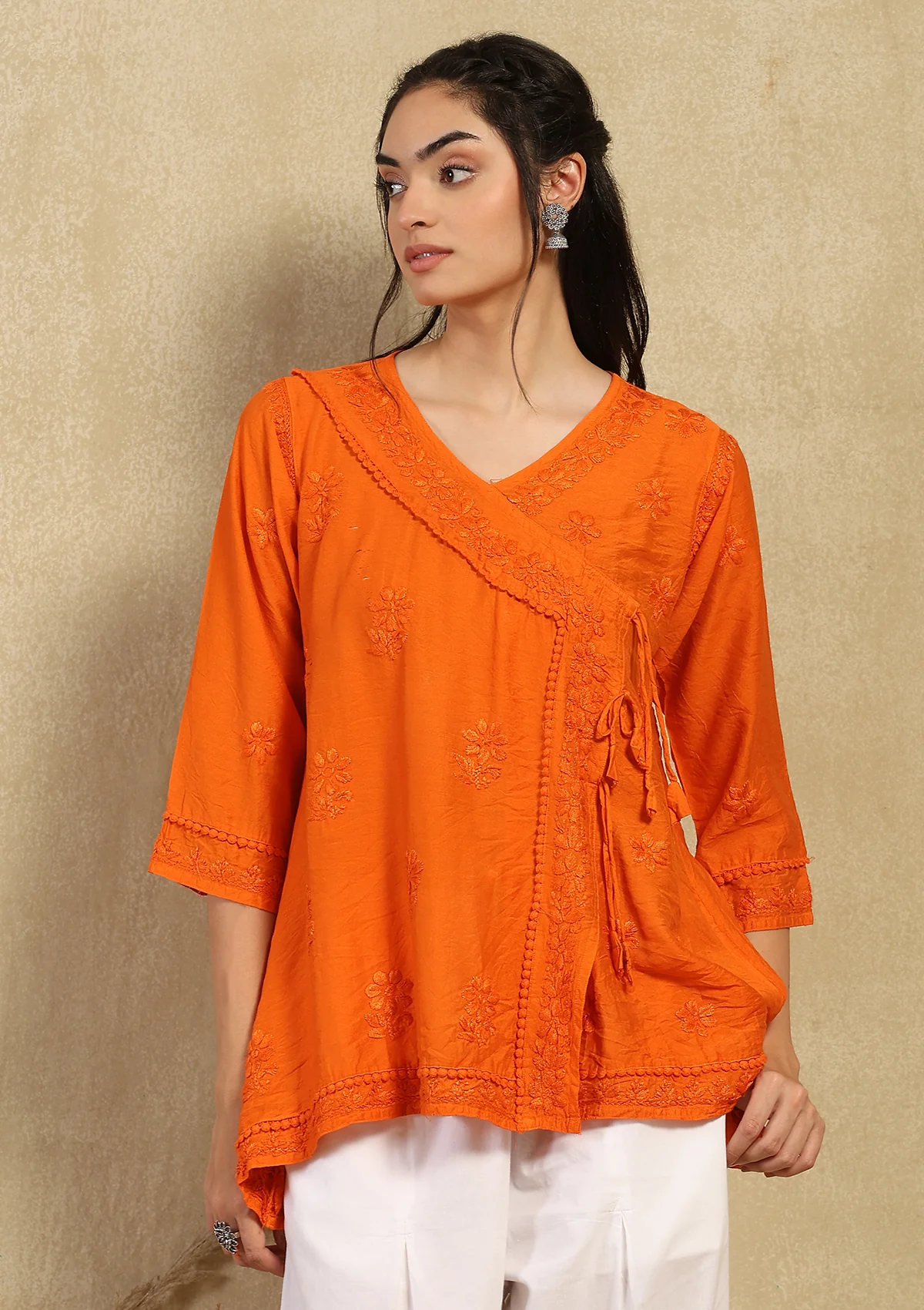 Chanderi Chikankari Solid Women's Angrakha Short Kurta -Orange - Image 3