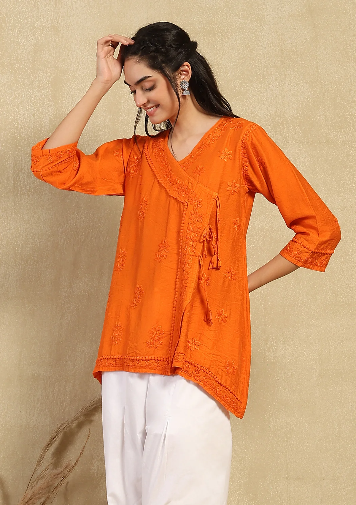 Chanderi Chikankari Solid Women's Angrakha Short Kurta -Orange - Image 5