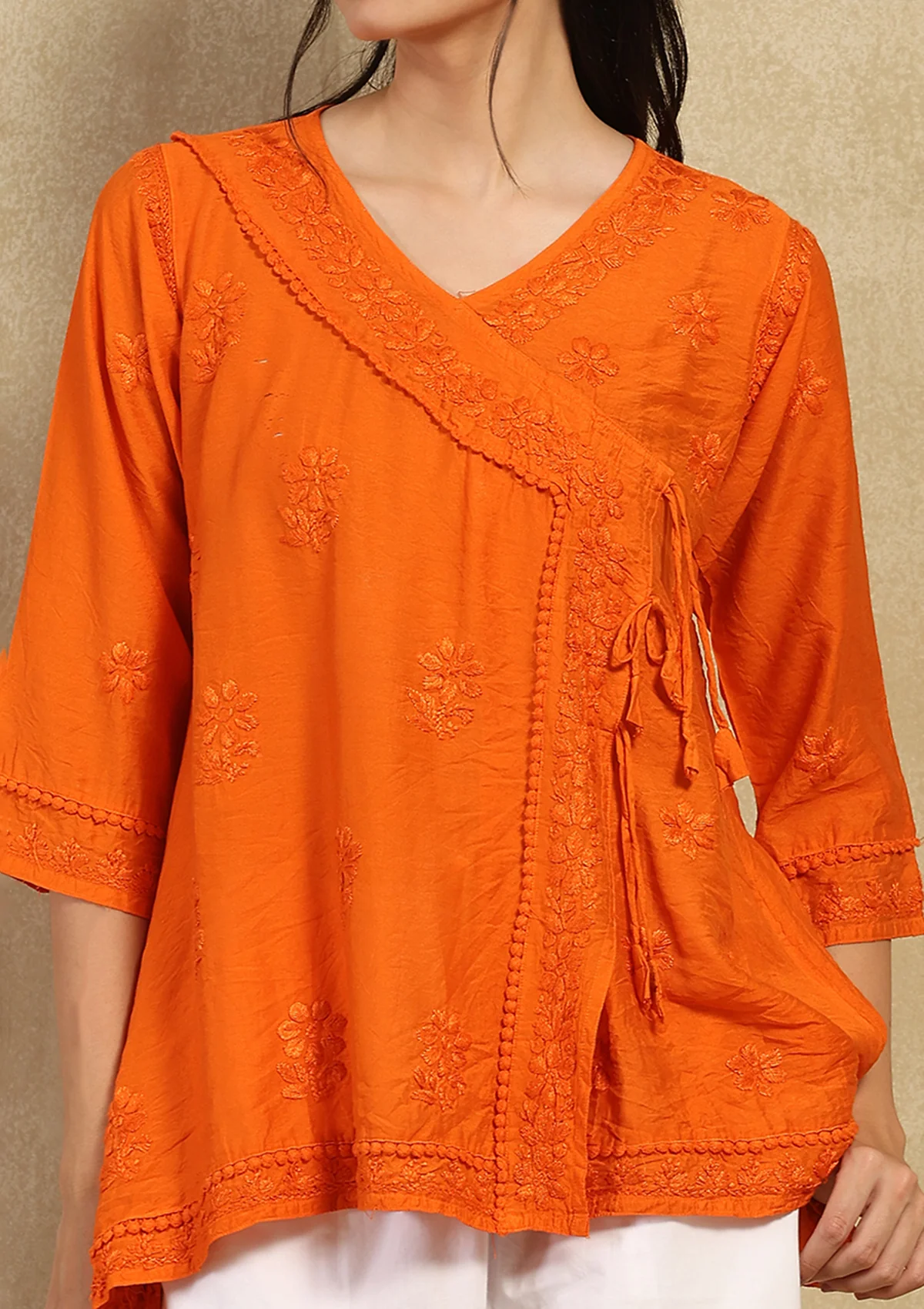 Chanderi Chikankari Solid Women's Angrakha Short Kurta -Orange - Image 6