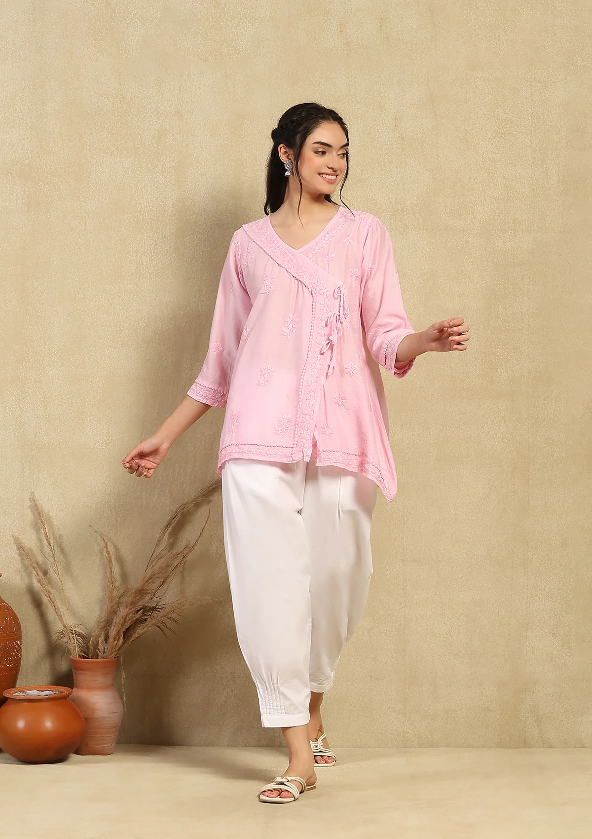 Chanderi Chikankari Solid Women's Angrakha Short Kurta -Pink - Image 2