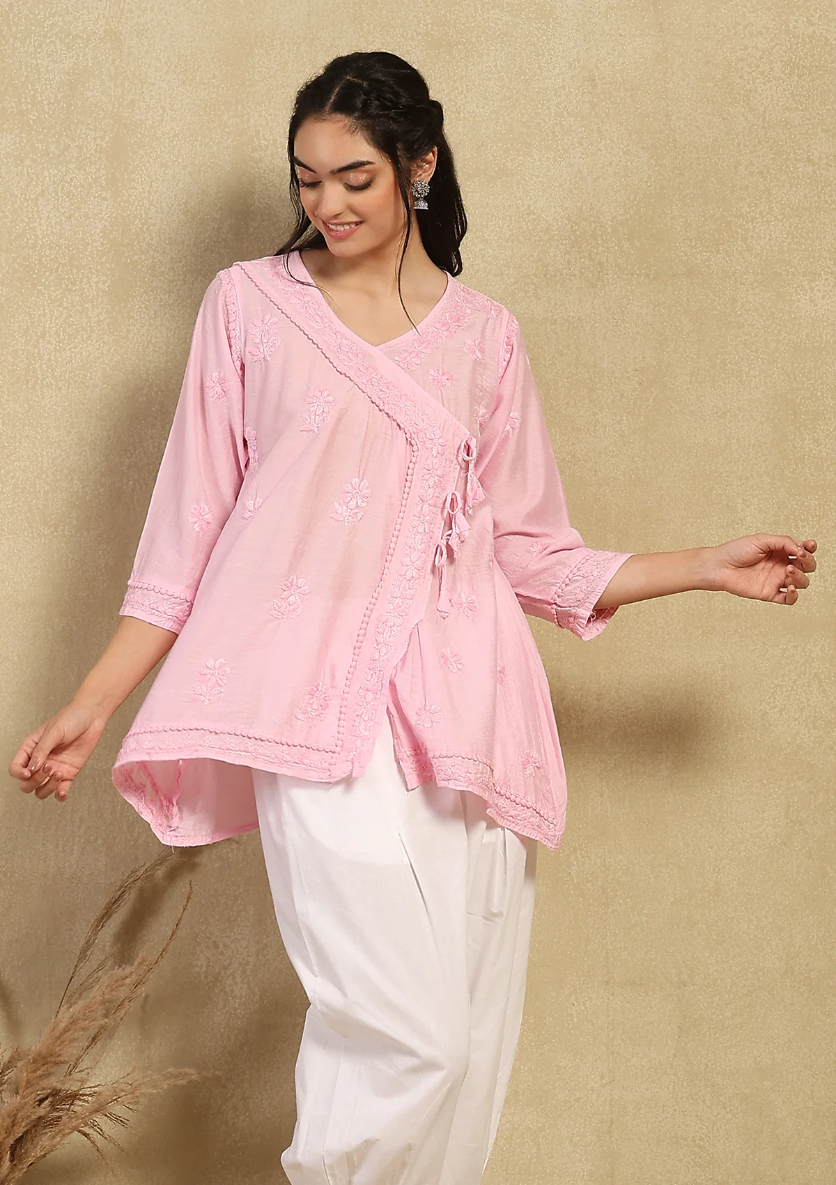 Chanderi Chikankari Solid Women's Angrakha Short Kurta -Pink - Image 5
