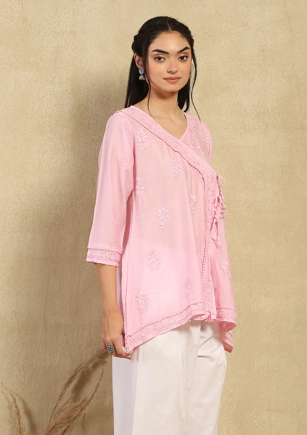 Chanderi Chikankari Solid Women's Angrakha Short Kurta -Pink - Image 6