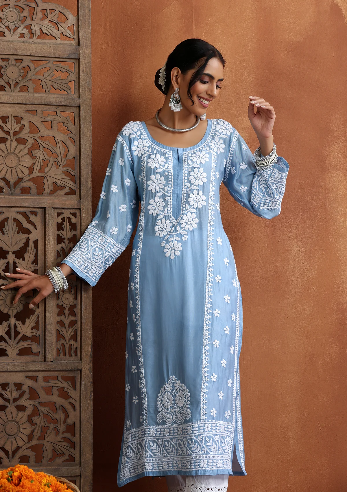 HOC Chanderi Chikankari Solid Women's Long Kurta - Blue - Image 2