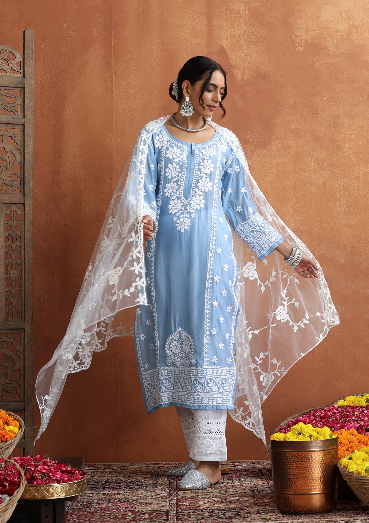 HOC Chanderi Chikankari Solid Women's Long Kurta - Blue - Image 4