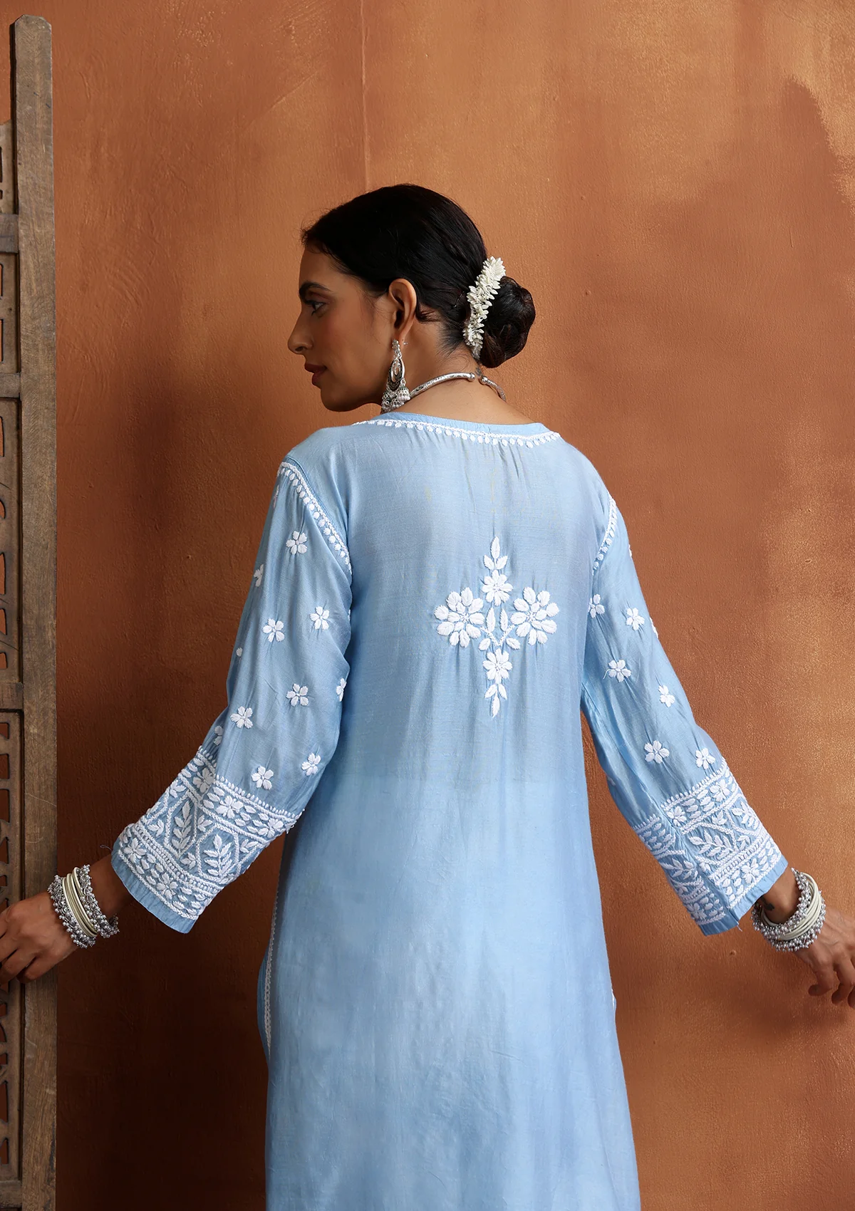HOC Chanderi Chikankari Solid Women's Long Kurta - Blue - Image 7