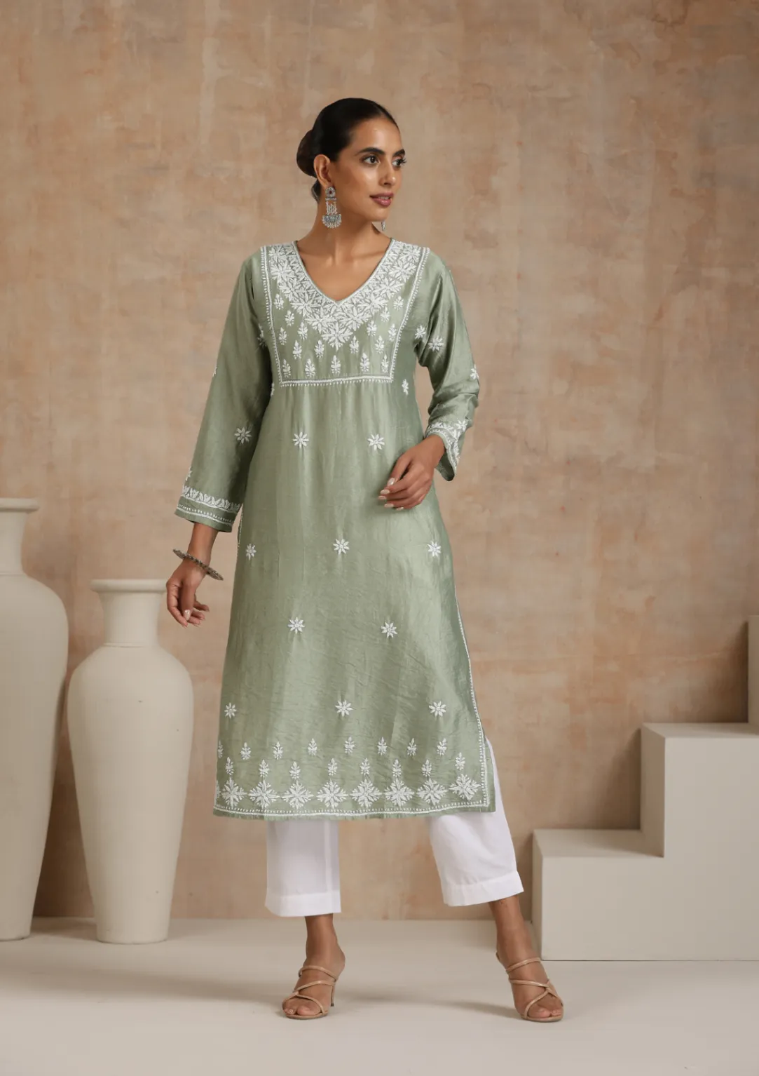 HOC Chanderi Chikankari Solid Women's Long Kurta - Green