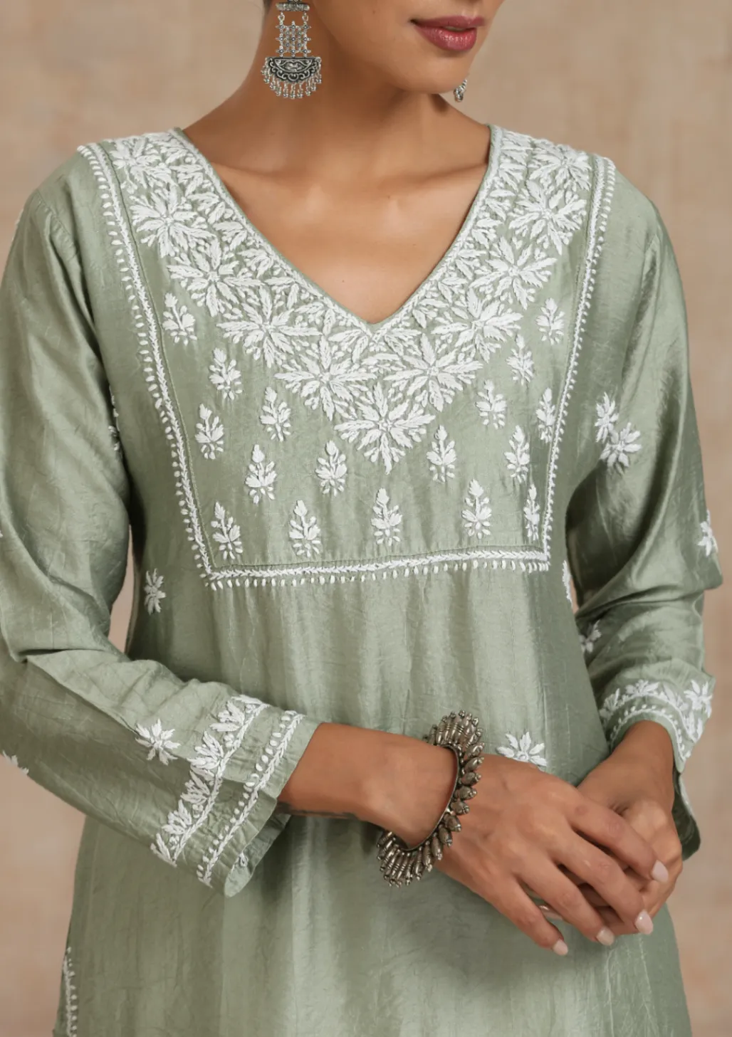 HOC Chanderi Chikankari Solid Women's Long Kurta - Green - Image 2