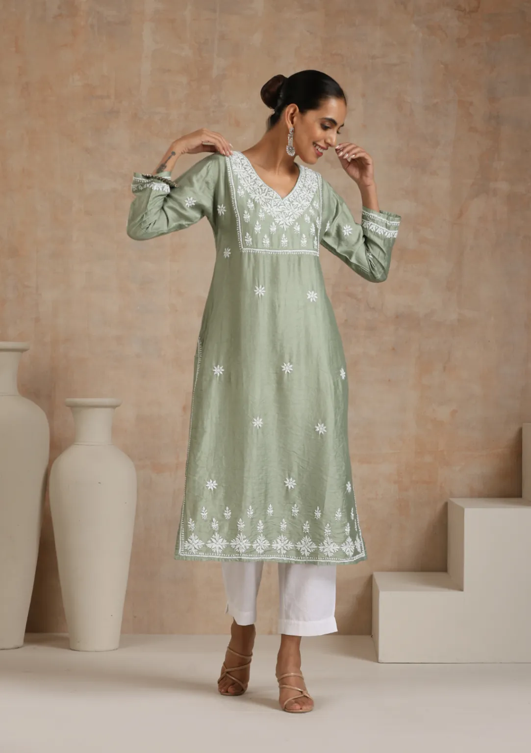 HOC Chanderi Chikankari Solid Women's Long Kurta - Green - Image 3