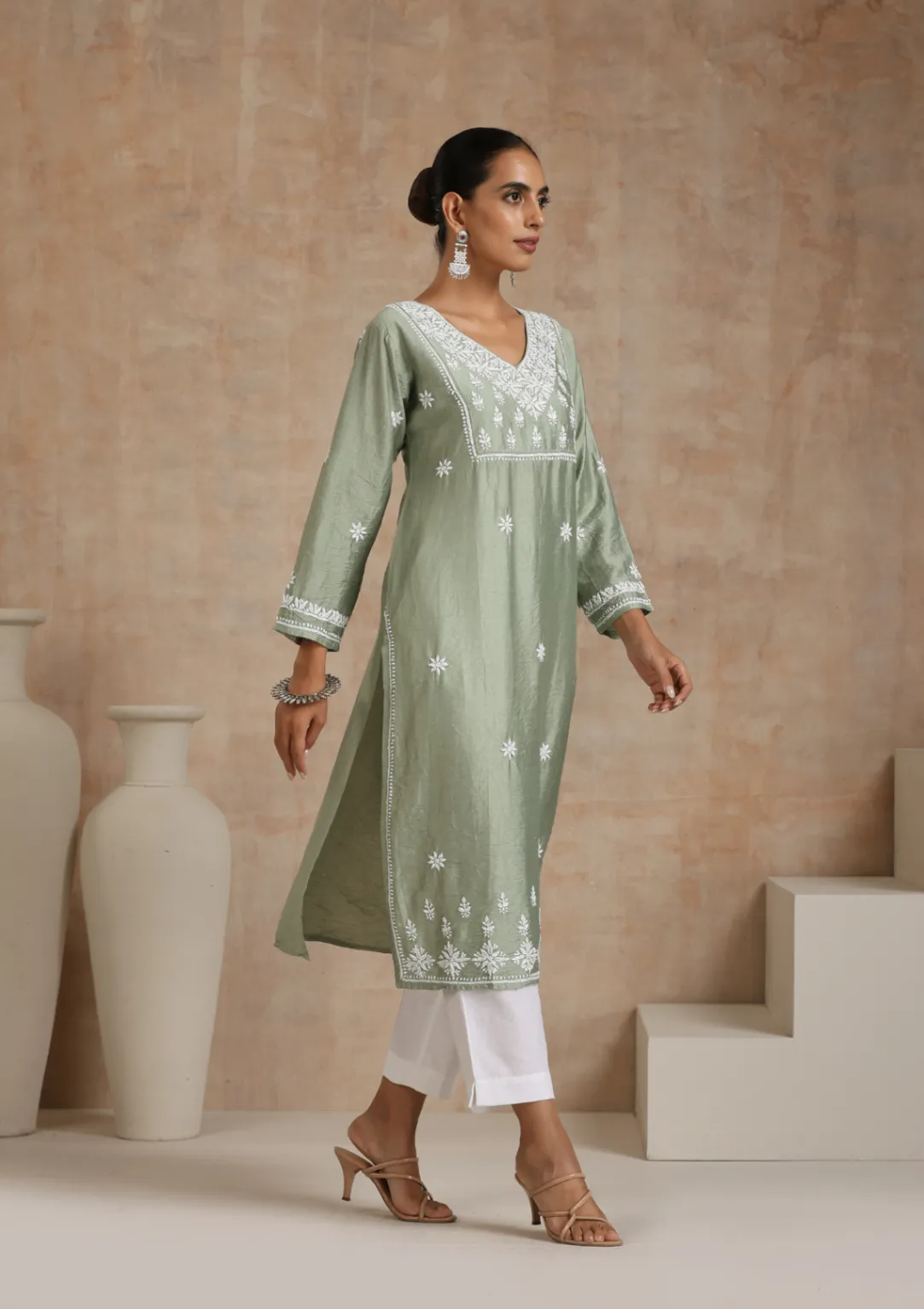 HOC Chanderi Chikankari Solid Women's Long Kurta - Green - Image 5