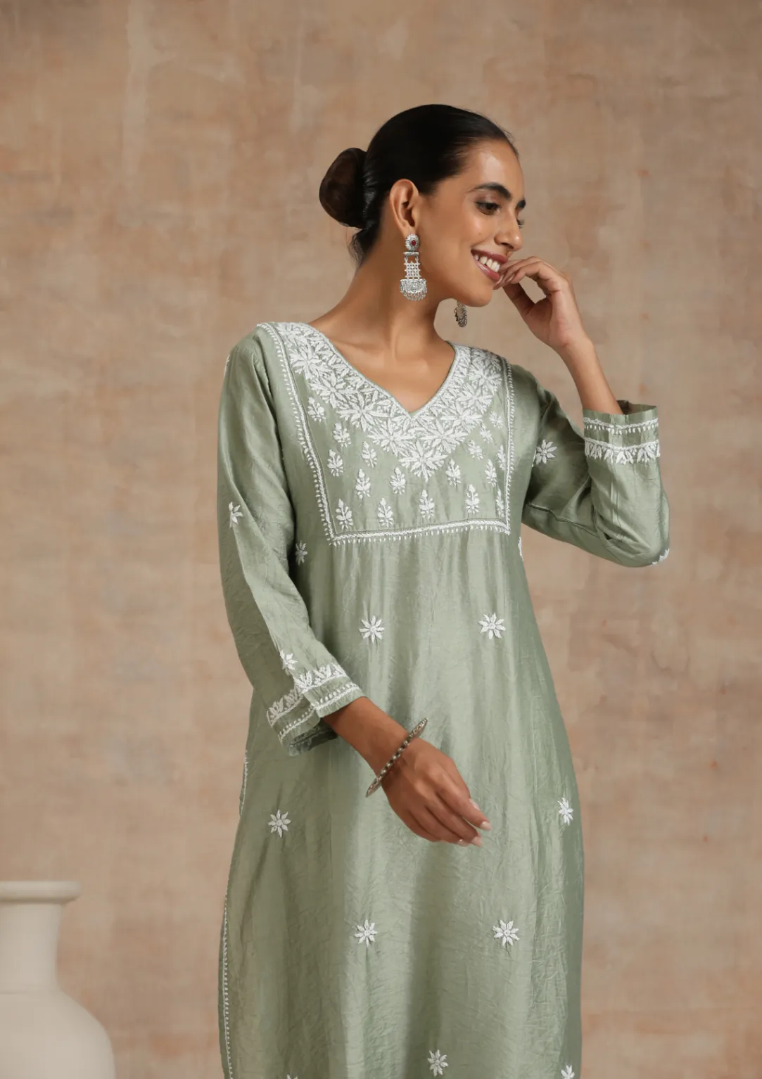 HOC Chanderi Chikankari Solid Women's Long Kurta - Green - Image 6