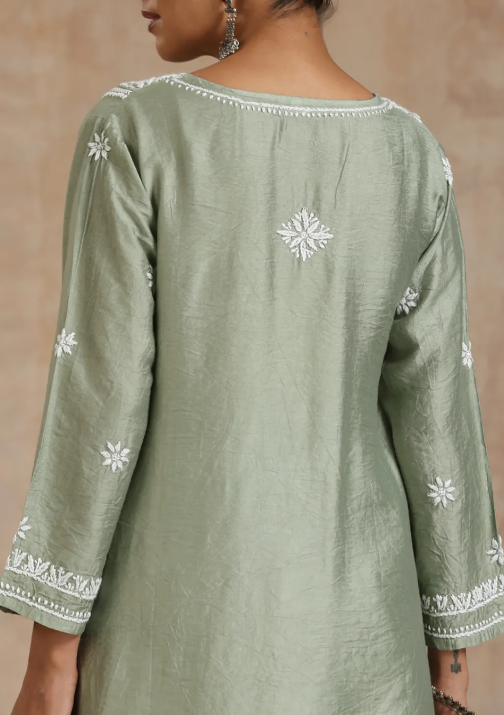 HOC Chanderi Chikankari Solid Women's Long Kurta - Green - Image 7