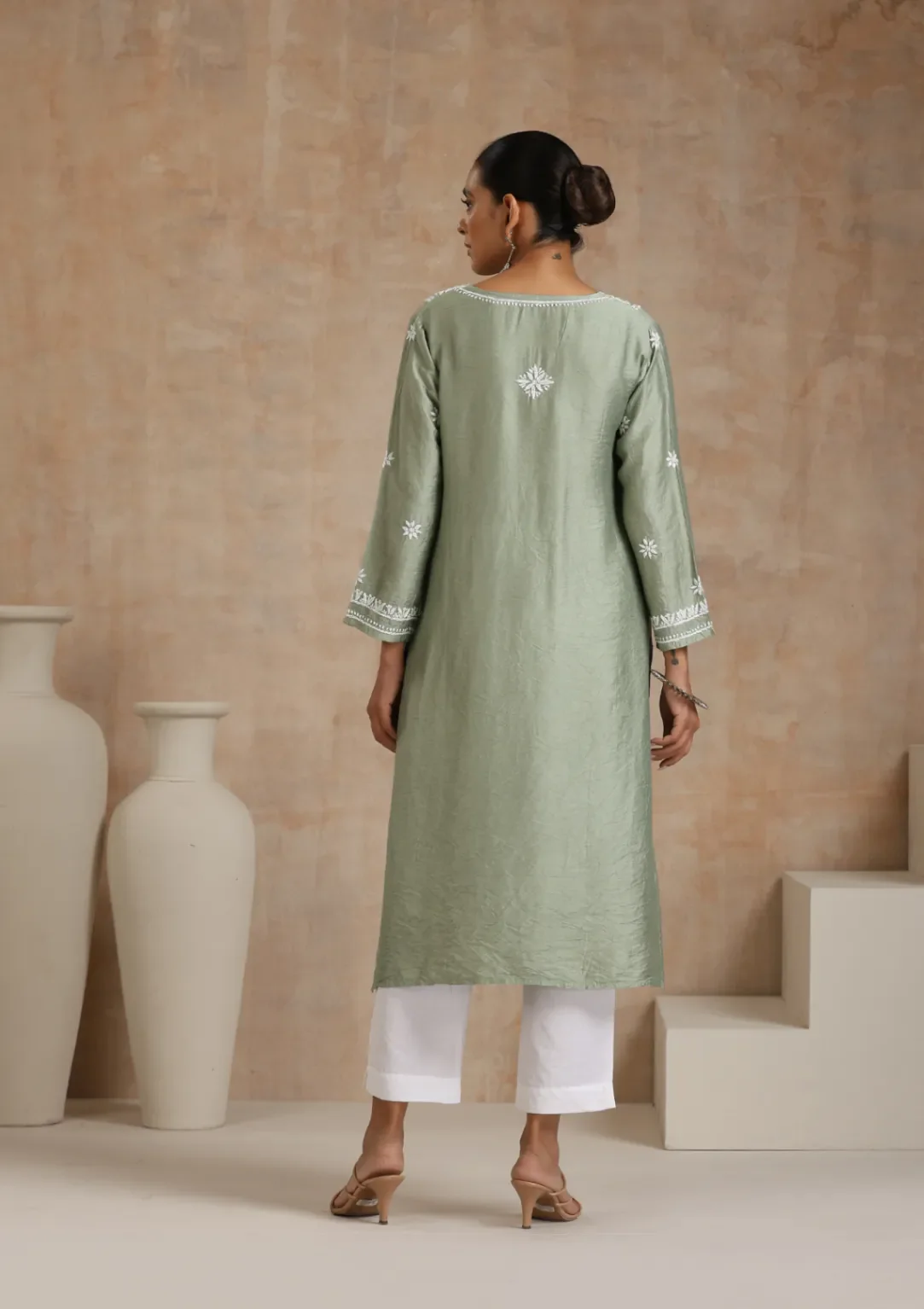 HOC Chanderi Chikankari Solid Women's Long Kurta - Green - Image 8
