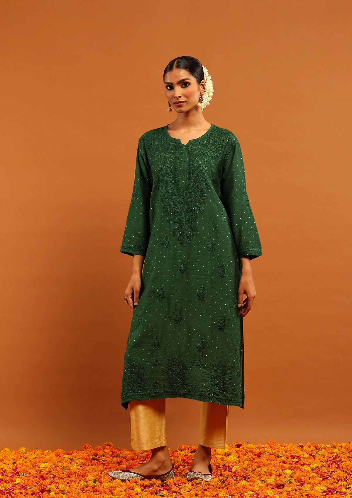 HOC Banarasi Chanderi Chikankari Solid Women's Long Kurta-Green