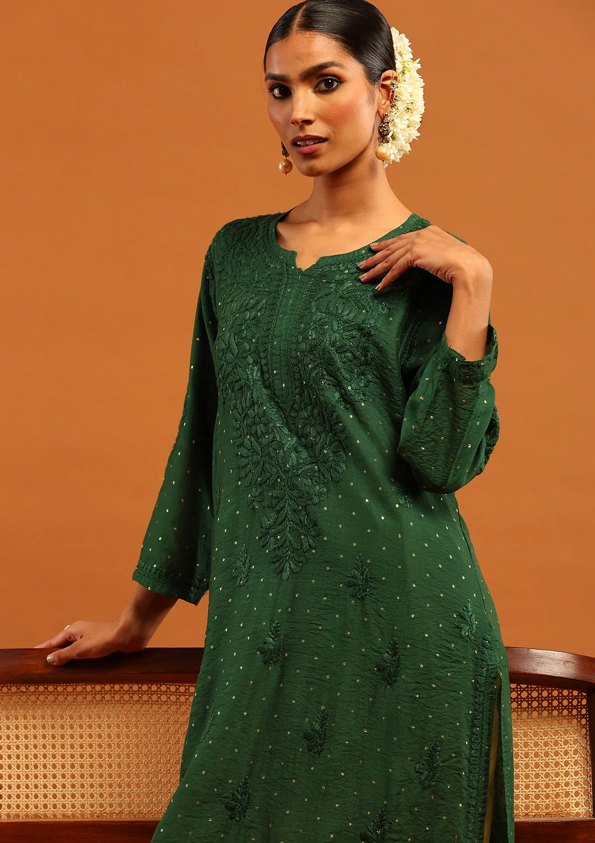 HOC Banarasi Chanderi Chikankari Solid Women's Long Kurta-Green - Image 2