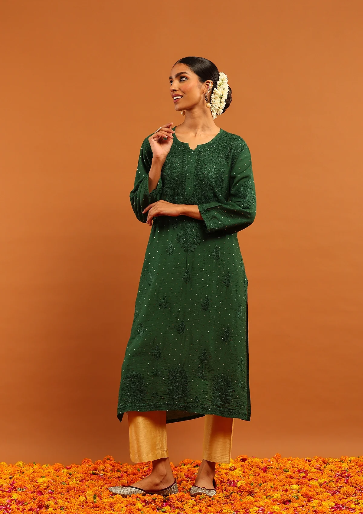 HOC Banarasi Chanderi Chikankari Solid Women's Long Kurta-Green - Image 3