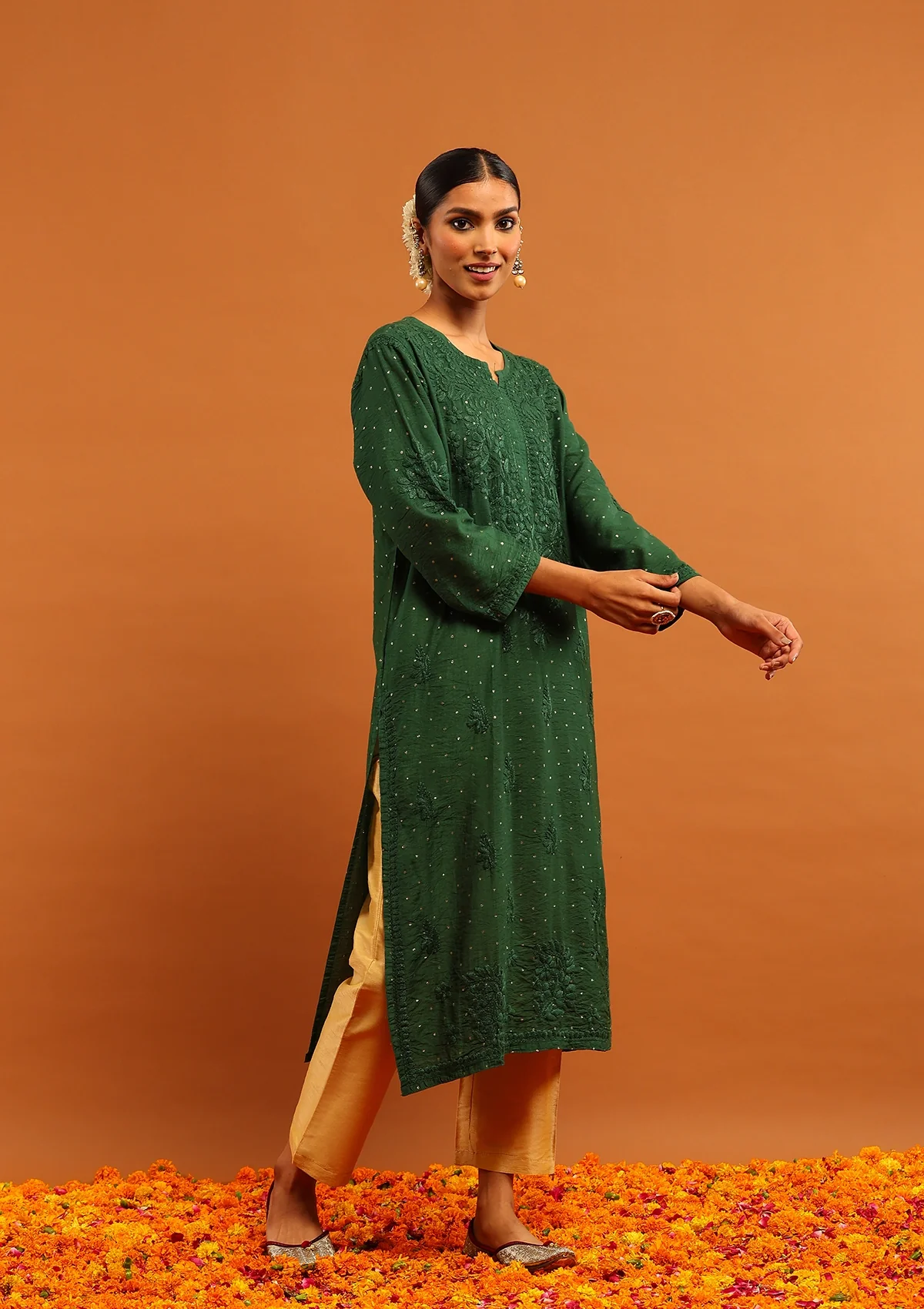 HOC Banarasi Chanderi Chikankari Solid Women's Long Kurta-Green - Image 4