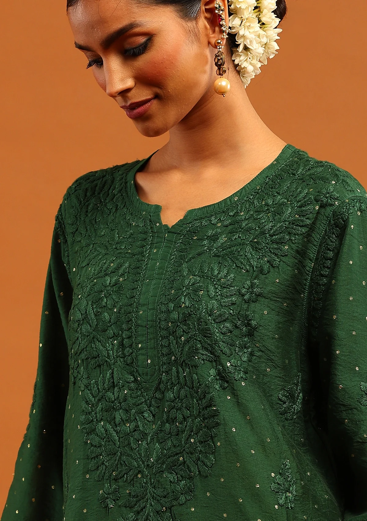 HOC Banarasi Chanderi Chikankari Solid Women's Long Kurta-Green - Image 5
