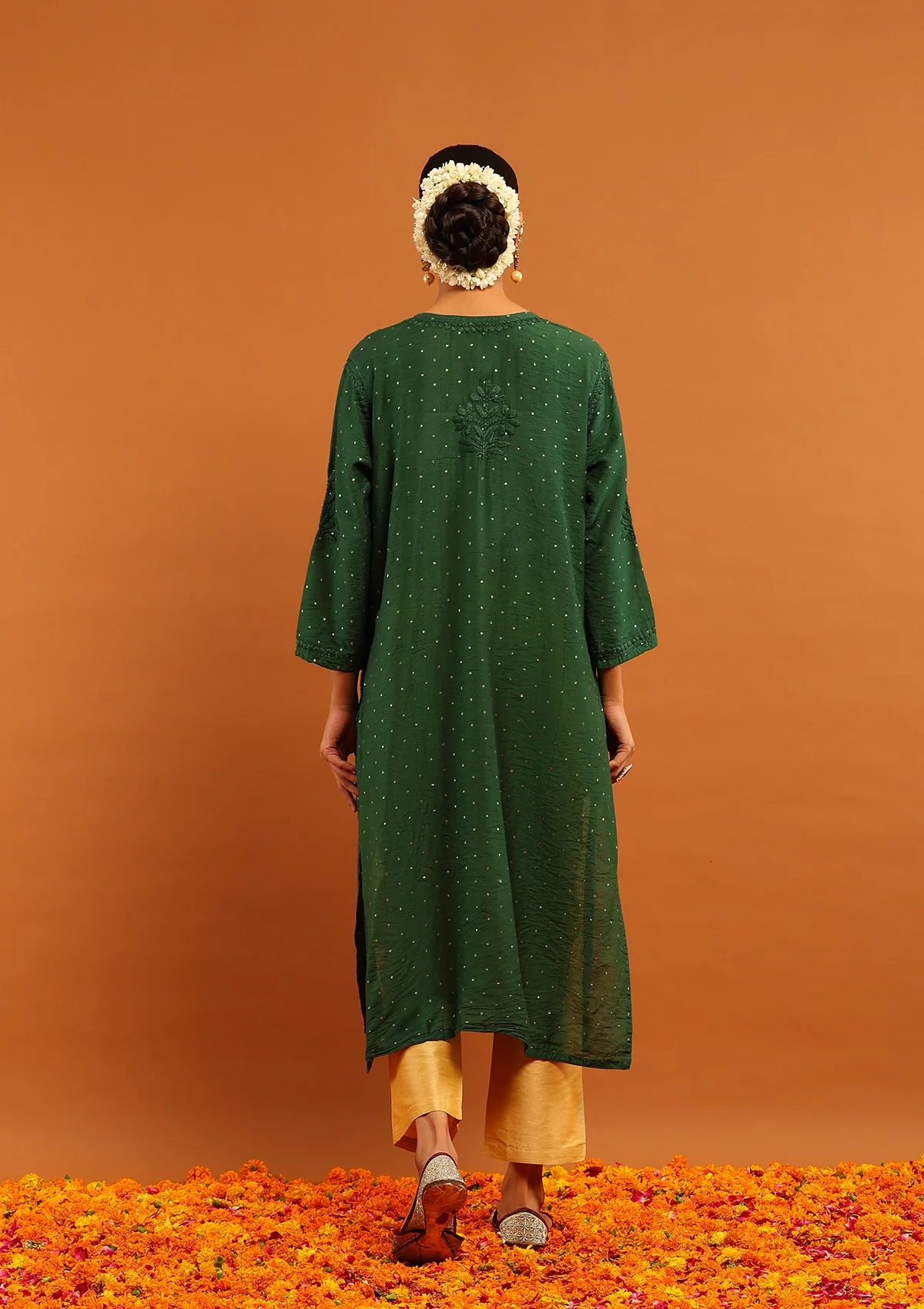 HOC Banarasi Chanderi Chikankari Solid Women's Long Kurta-Green - Image 6
