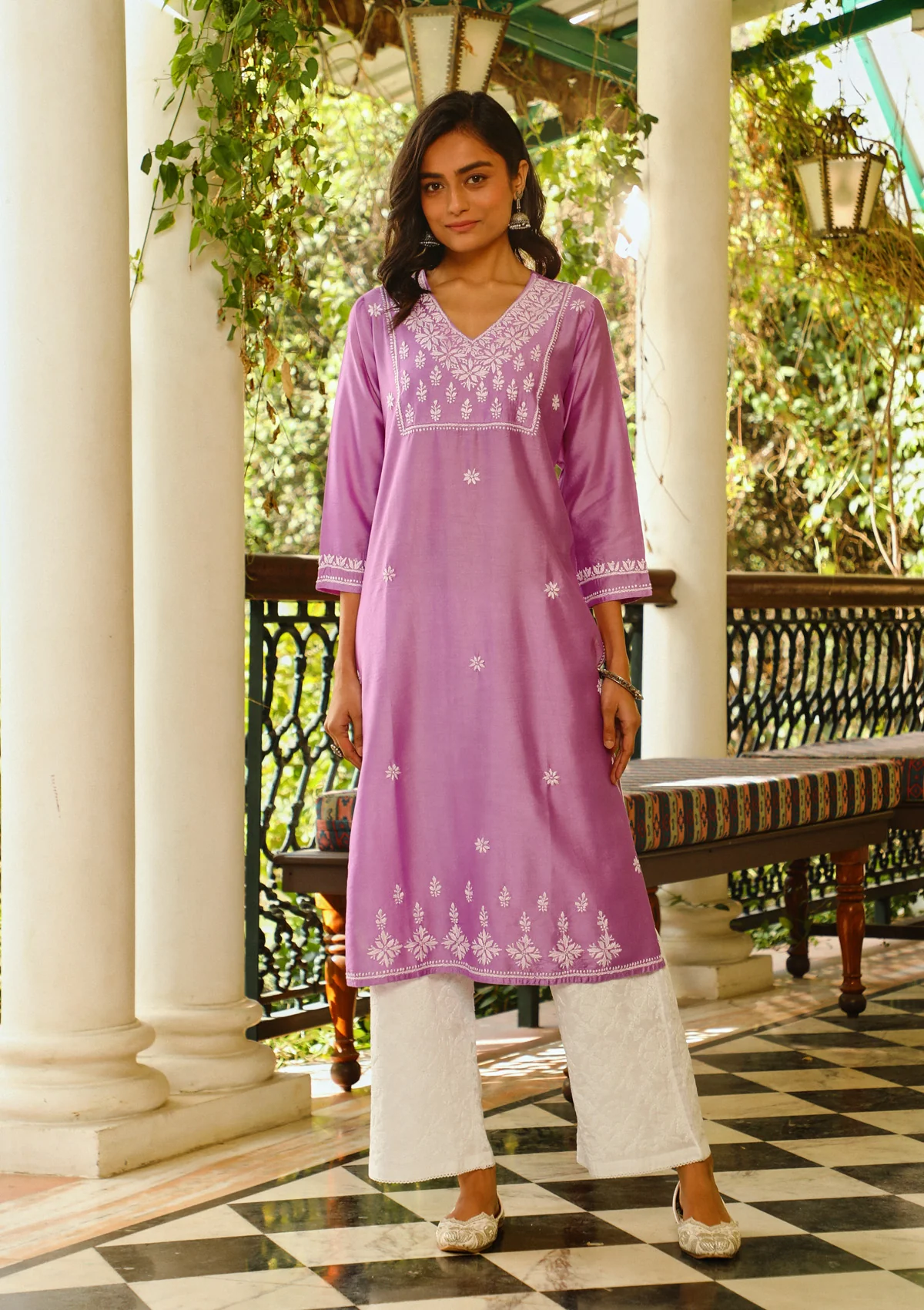 Chanderi Chikankari Solid Women's Long Kurta - Lavender - Image 2
