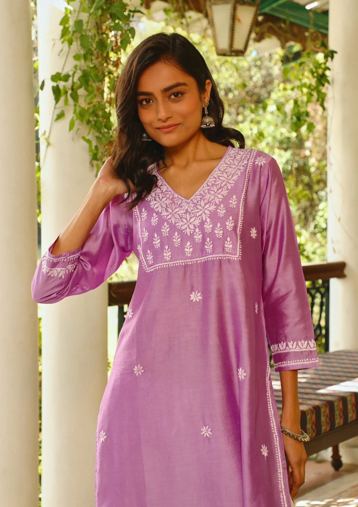 Chanderi Chikankari Solid Women's Long Kurta - Lavender - Image 3