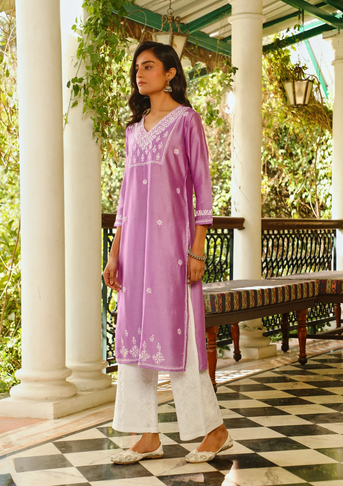 Chanderi Chikankari Solid Women's Long Kurta - Lavender - Image 5