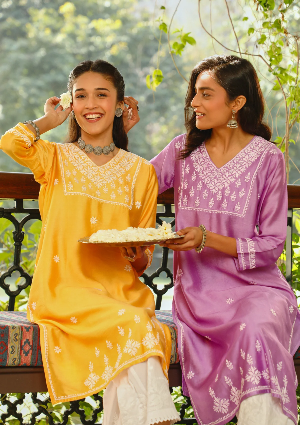 Chanderi Chikankari Solid Women's Long Kurta - Lavender - Image 6
