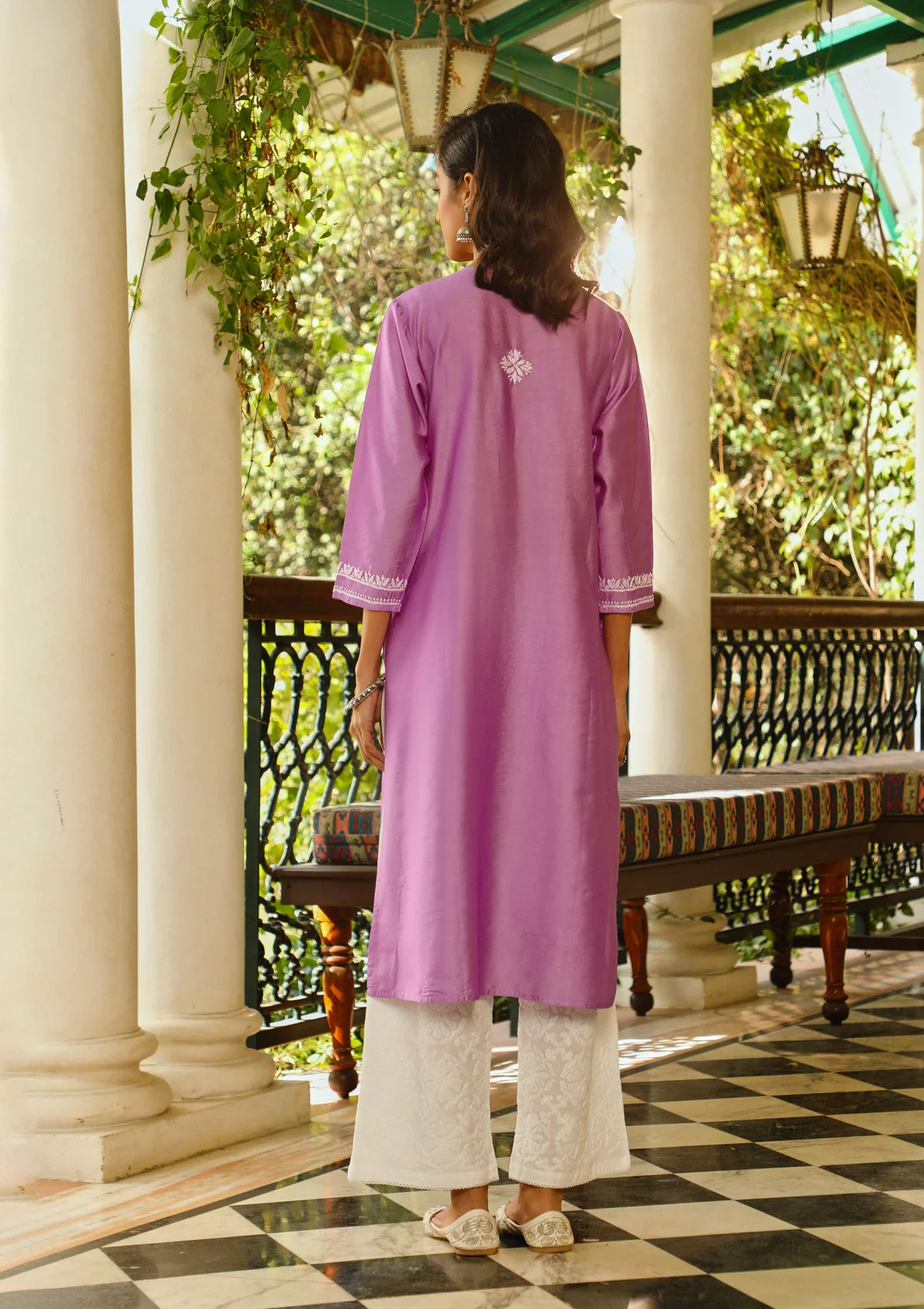 Chanderi Chikankari Solid Women's Long Kurta - Lavender - Image 8
