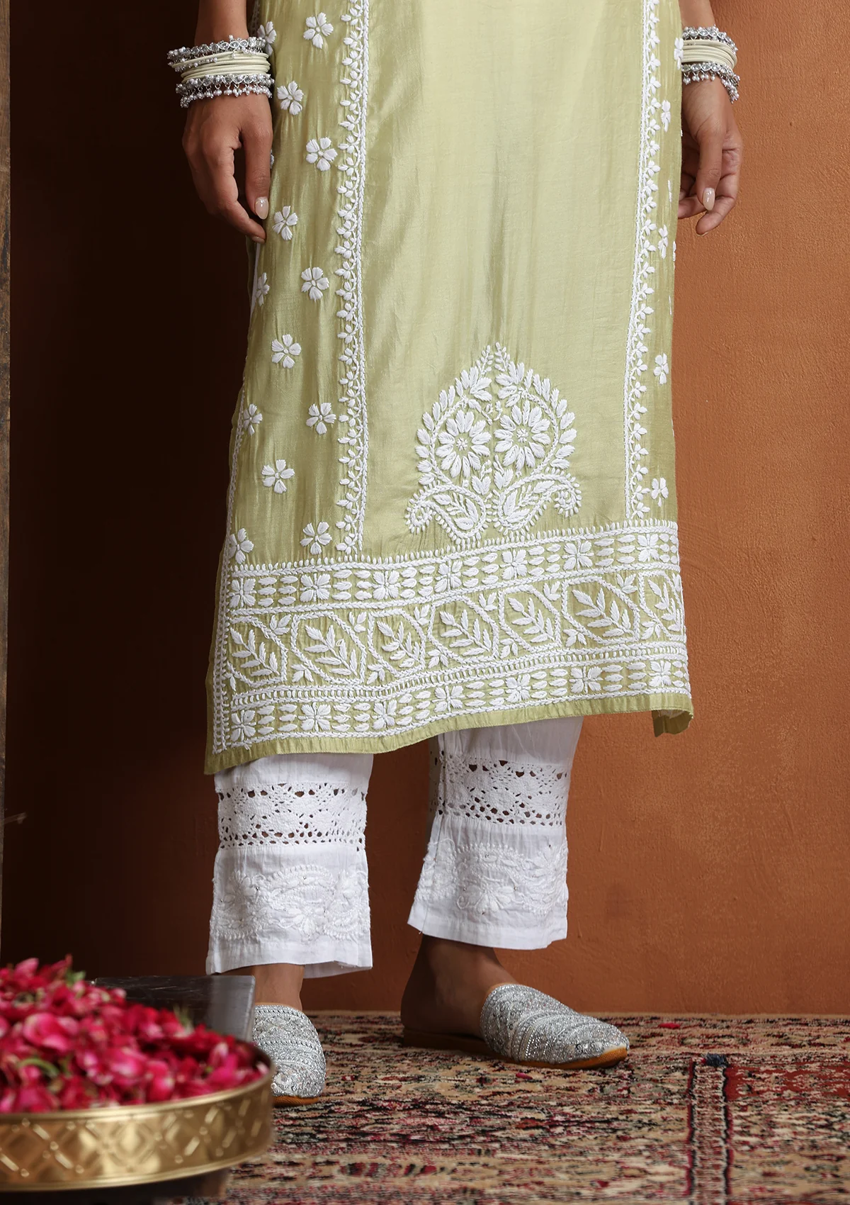 HOC Chanderi Chikankari Solid Women's Long Kurta  - Light Green - Image 5