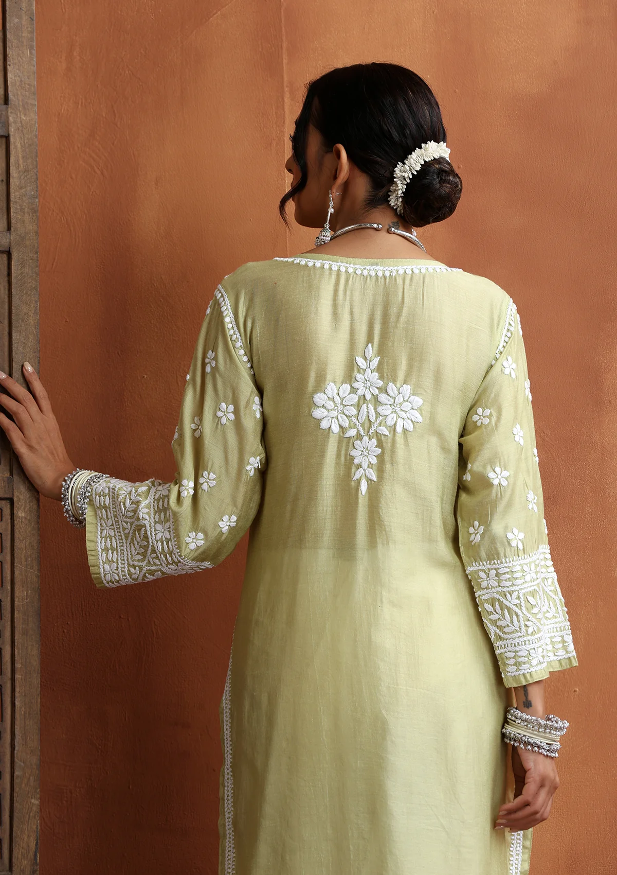 HOC Chanderi Chikankari Solid Women's Long Kurta  - Light Green - Image 6